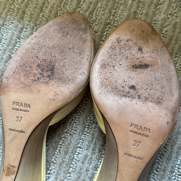 Prada, 2 tone,beige Patient leather, slip-on sandals. Made in Italy, Size 37 - Picture 5 of 6